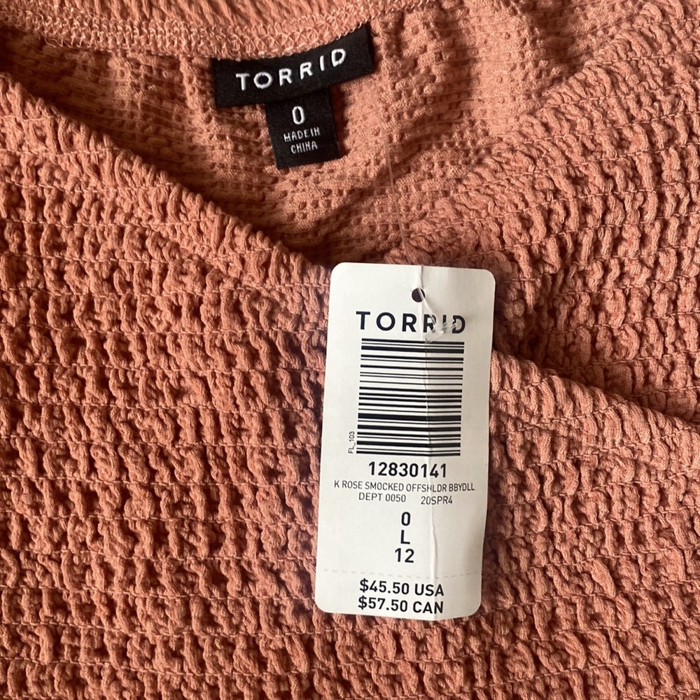 Torrid Dusty Pink Textured Smocked Off Shoulder Babydoll Top CrissCross Surplice - Picture 7 of 10